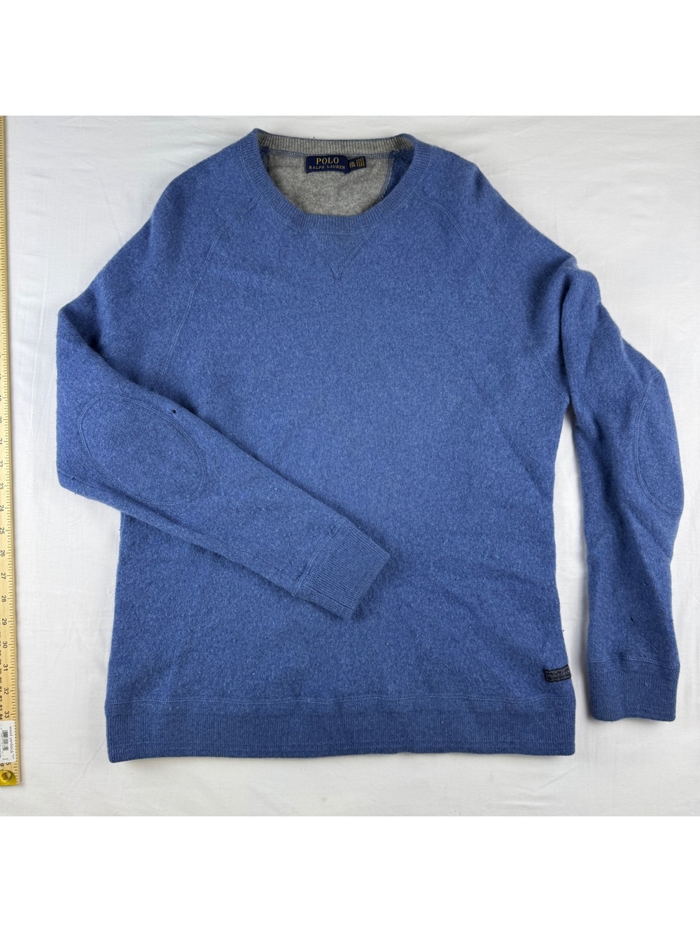 Polo Ralph Lauren Blue Wool Crew Neck Sweater with Elbow Patches small holes